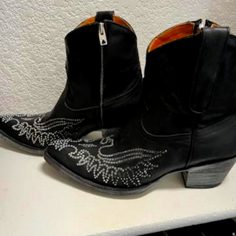 Old Gringo Eagle Swarovski Crystal Black Novularis Zipper 7" Ankle Boot Size 9B